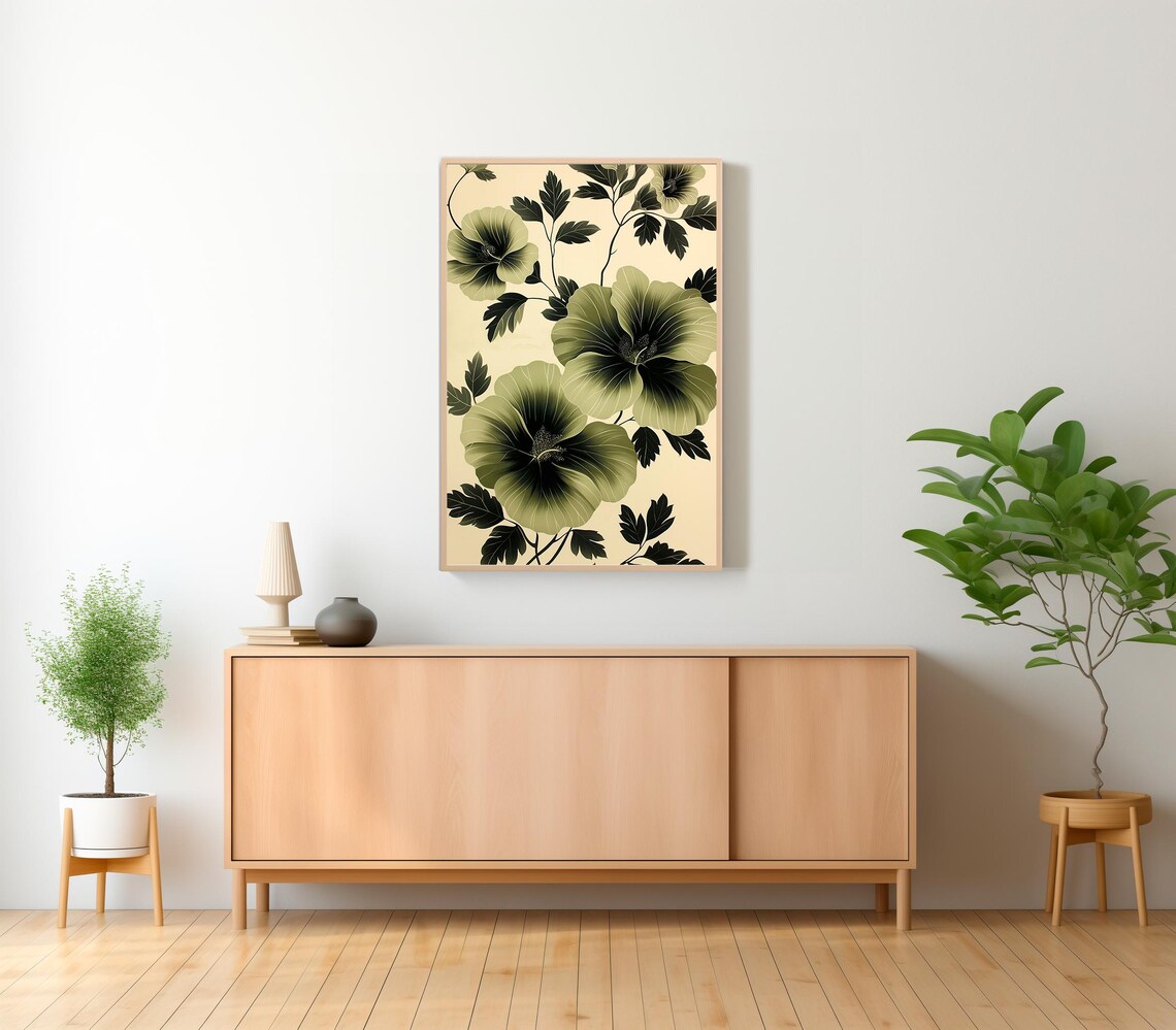 Olive Hibiscus Folk Flowers on Cream Vintage Botanical Poster - Image 2