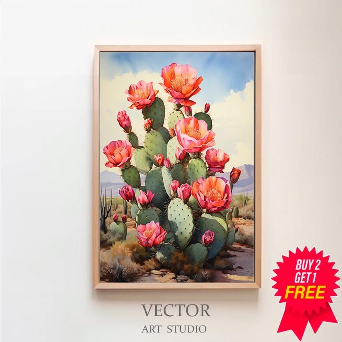 Coral Blooming Prickly Pear Cactus with Saguaro Desert Scene Poster