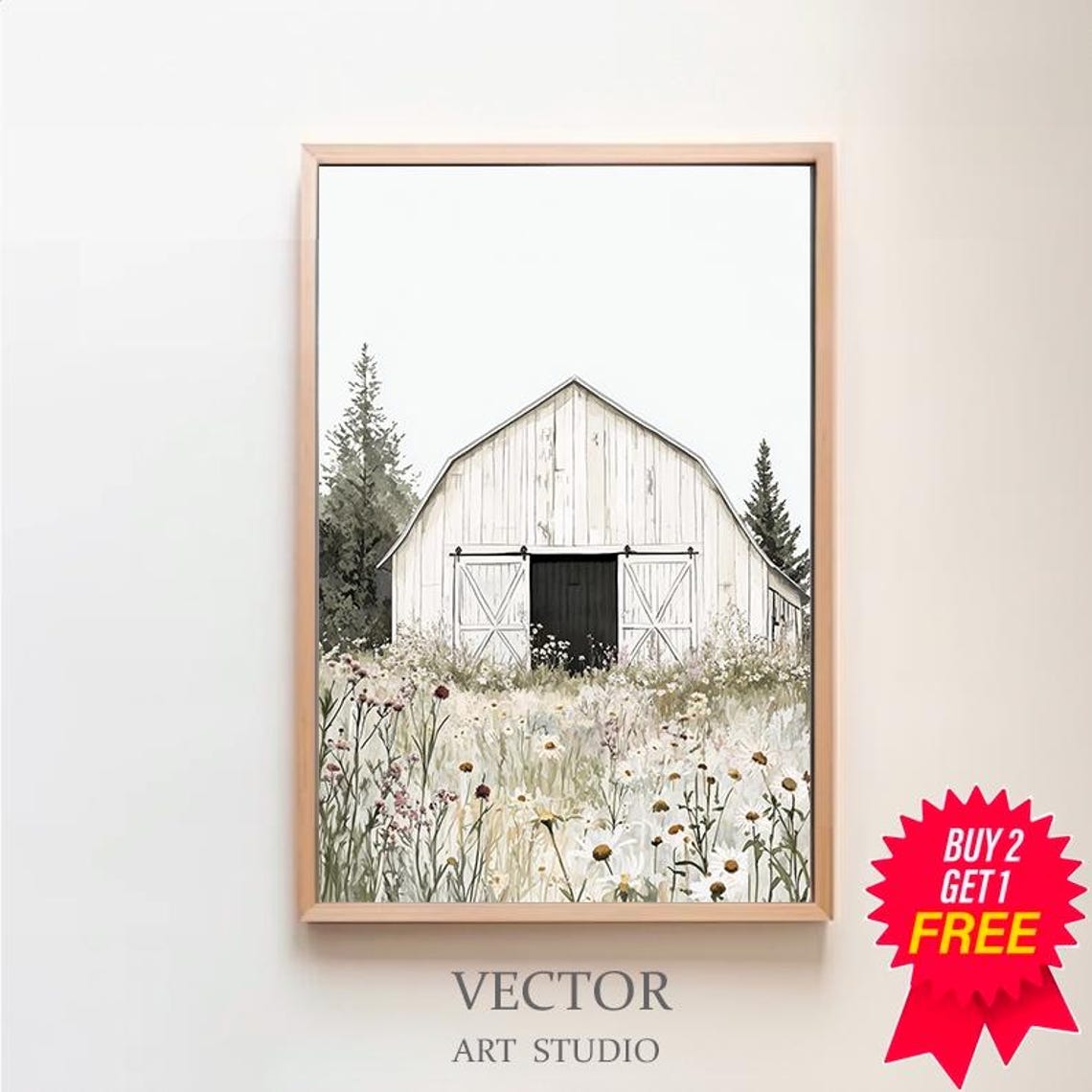White Wooden Barn Surrounded by a Wildflower Meadow Farmhouse Poster