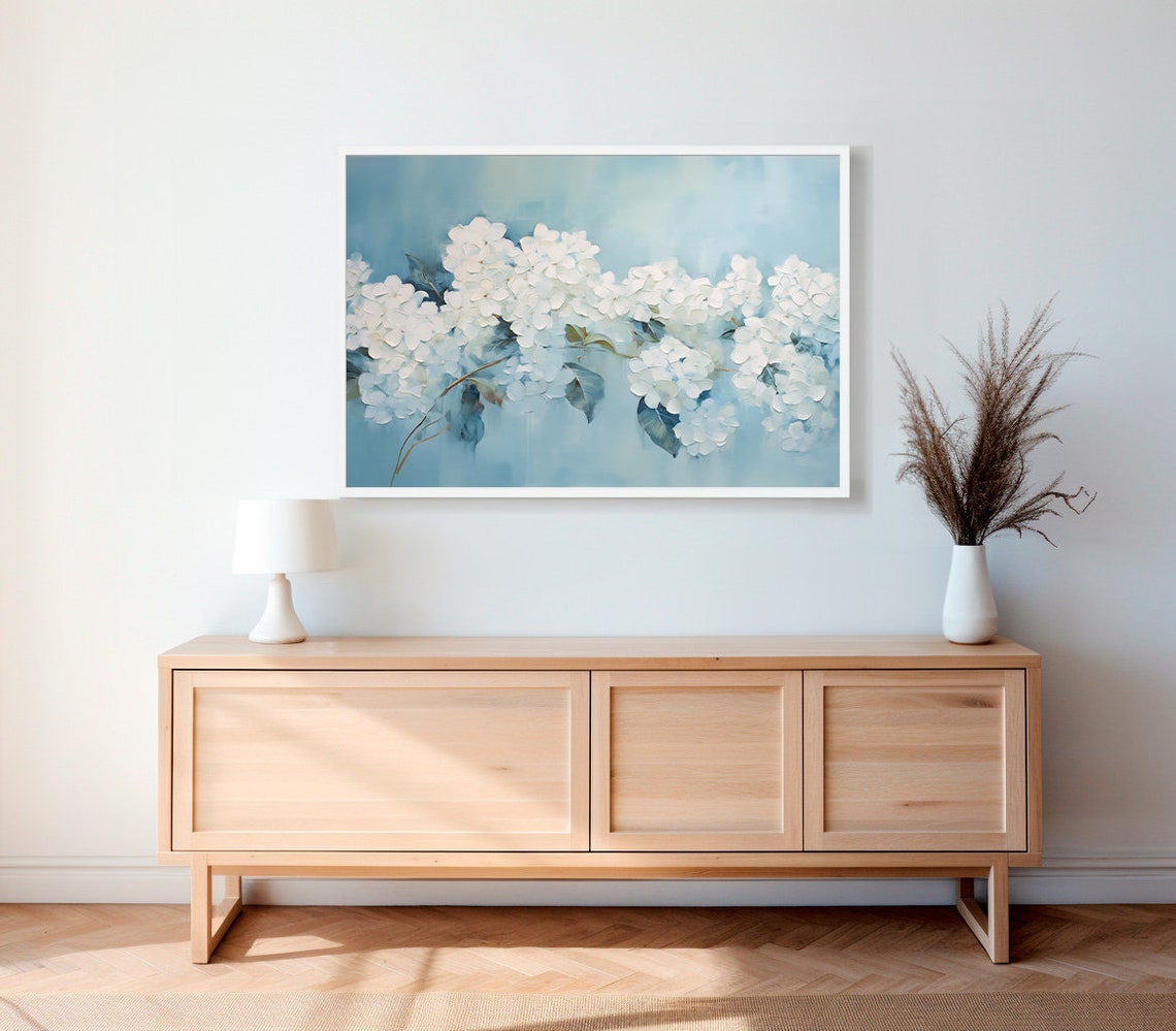 White Hydrangea Blossoms on Soft Blue Vintage Spring Botanical Poster - Image 2