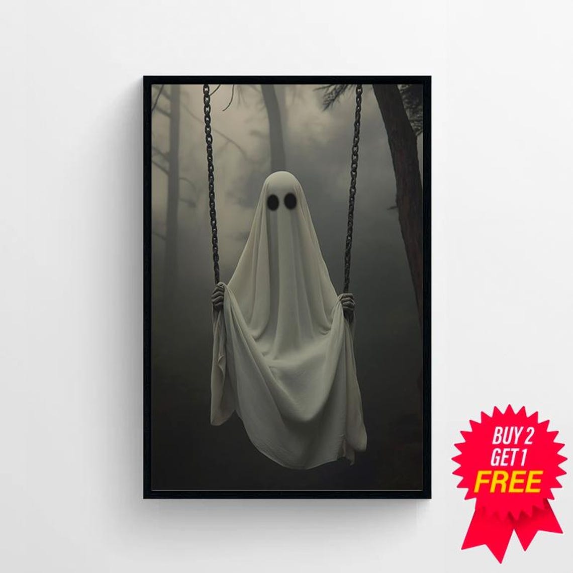 Sheet Ghost Holding Swing Chains in Foggy Gray Forest Poster - Image 4