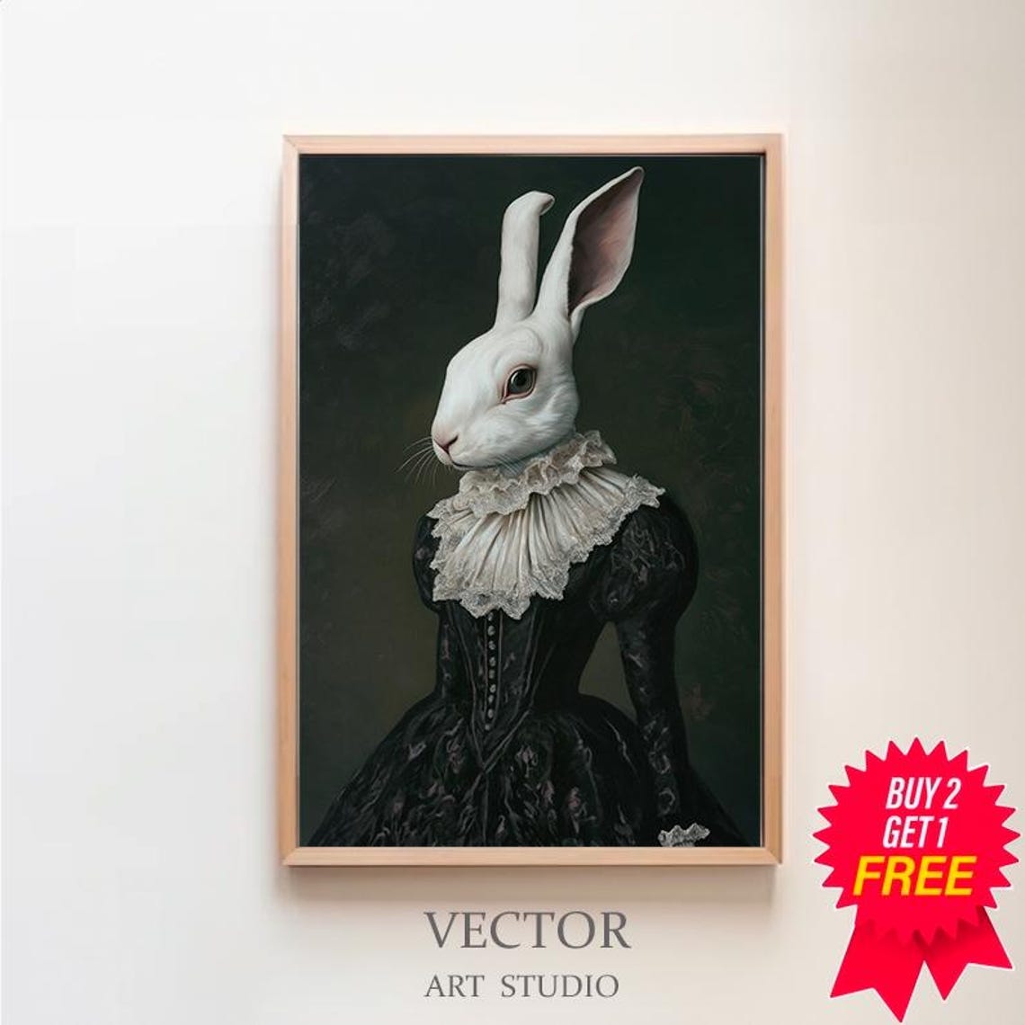Victorian Lady Rabbit with Lace Collar Gothic Portrait Poster