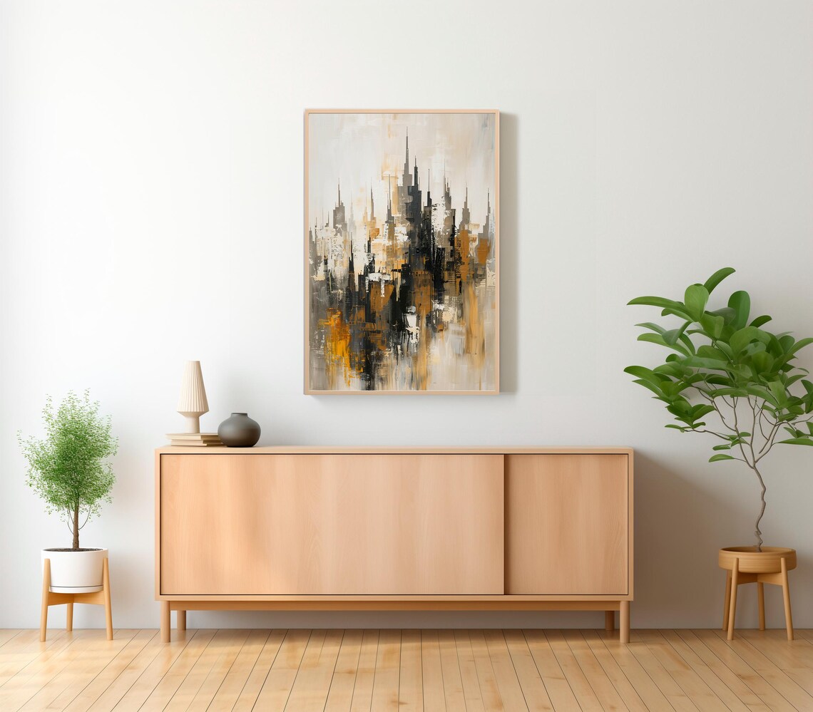 Abstract City Skyline Painting in Black Gold and White Poster - Image 2