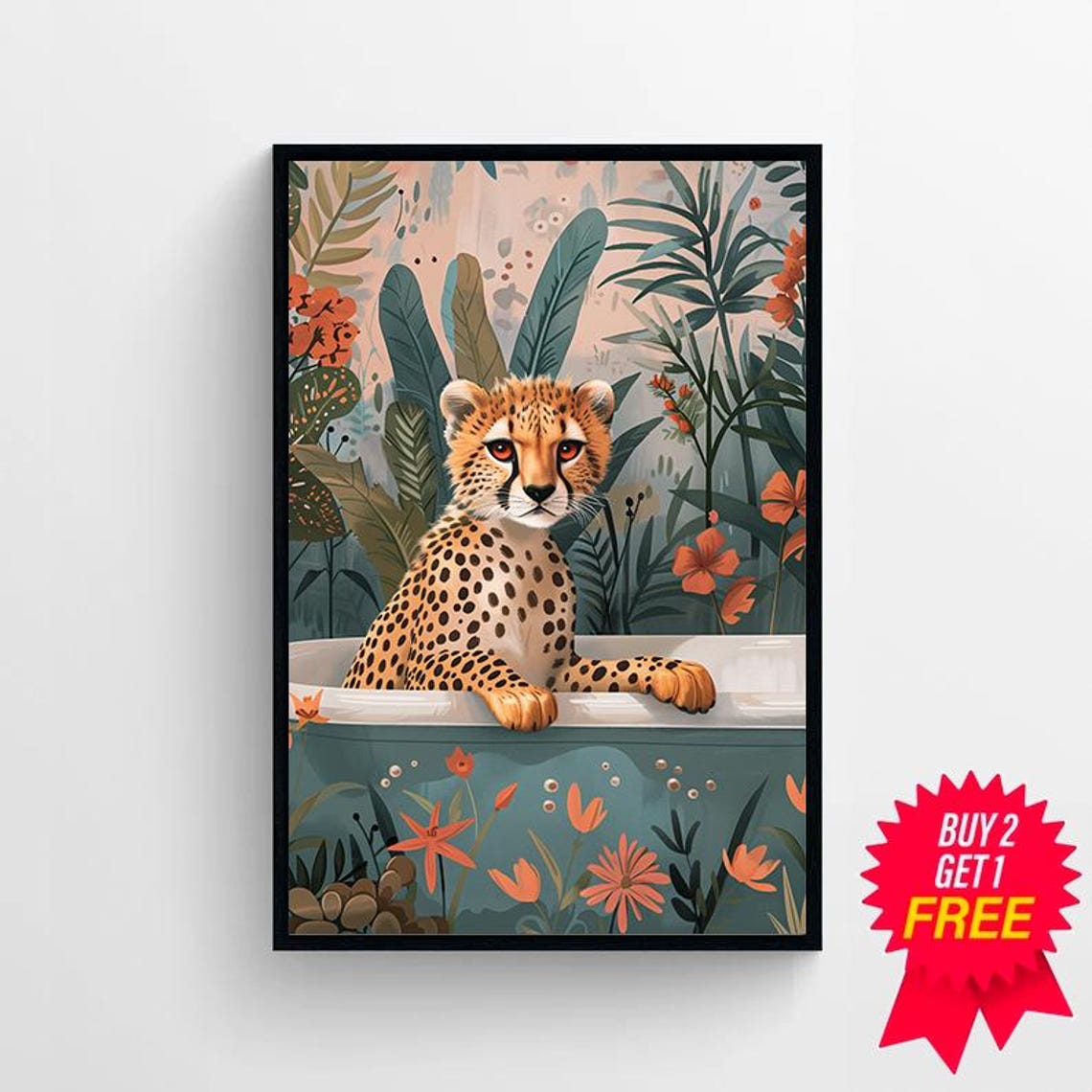 Playful Cheetah Cub Sitting in Bathtub Jungle Botanical Poster - Image 4
