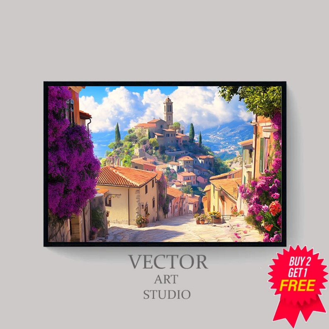 Colorful Hillside Village Street With Bougainvillea Art Poster - Image 4