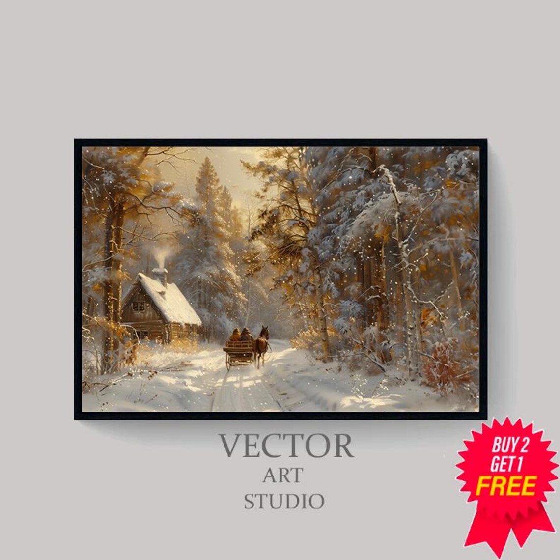 Golden Light Winter Cabin With Horse Sleigh In Snowy Woods Poster - Image 4