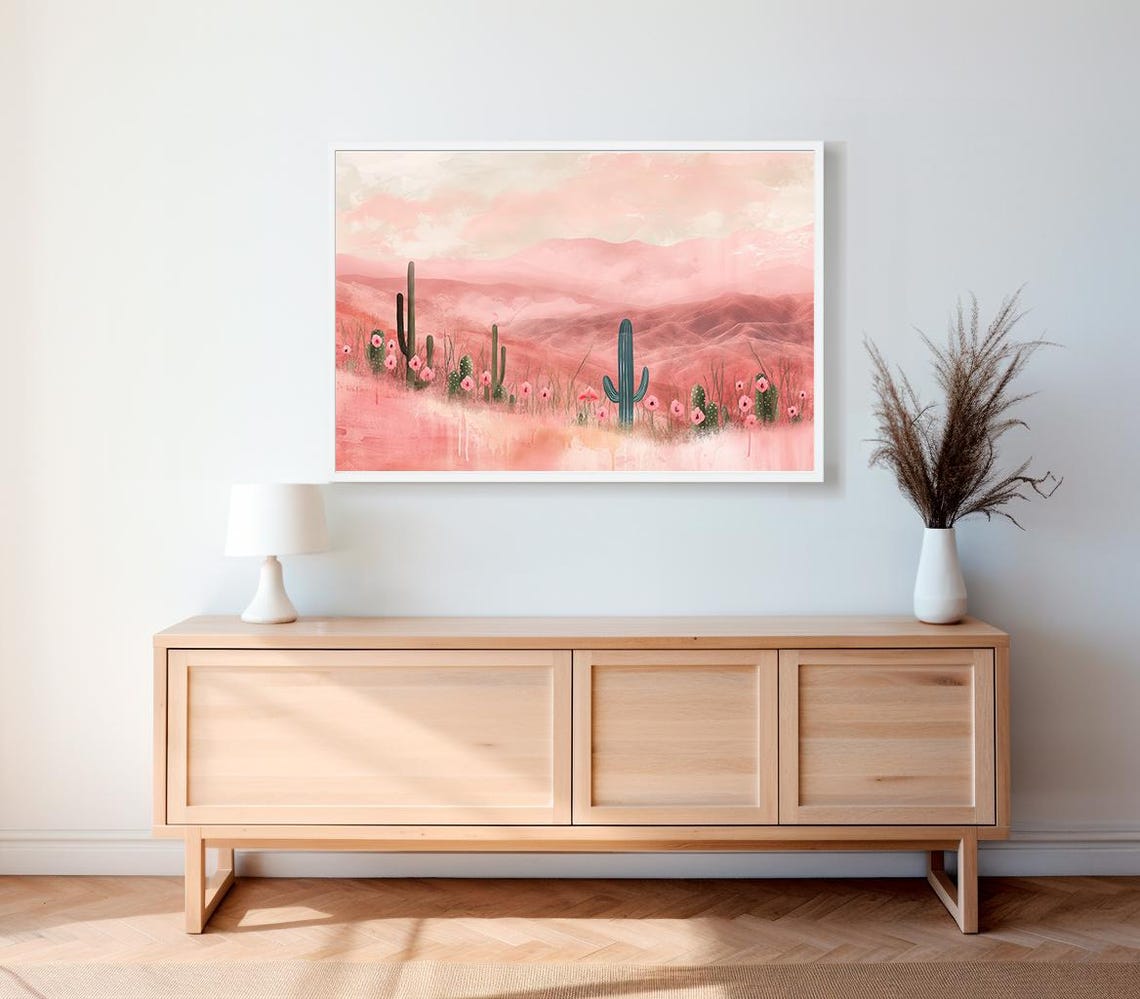 Pink Desert Sunset with Blooming Cacti Landscape Watercolor Poster - Image 2