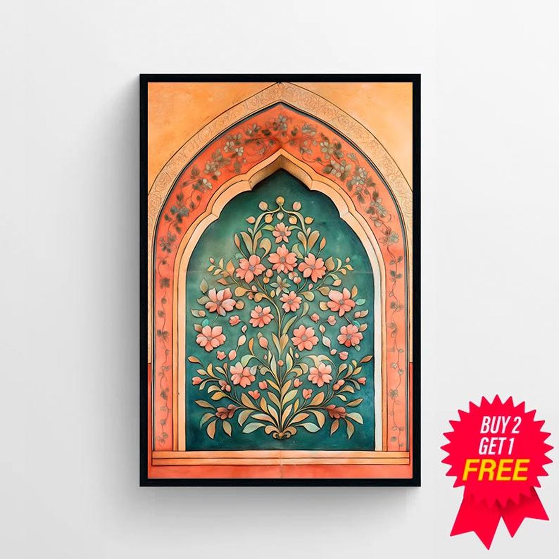 Islamic Floral Arch In Coral And Teal Mughal Style Wall Poster - Image 4