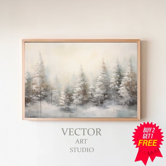 Moody Winter Forest Landscape Frame Tv Art Evergreen Trees Oil Painting Christmas Decor Rustic Vintage Christmas Screensaver