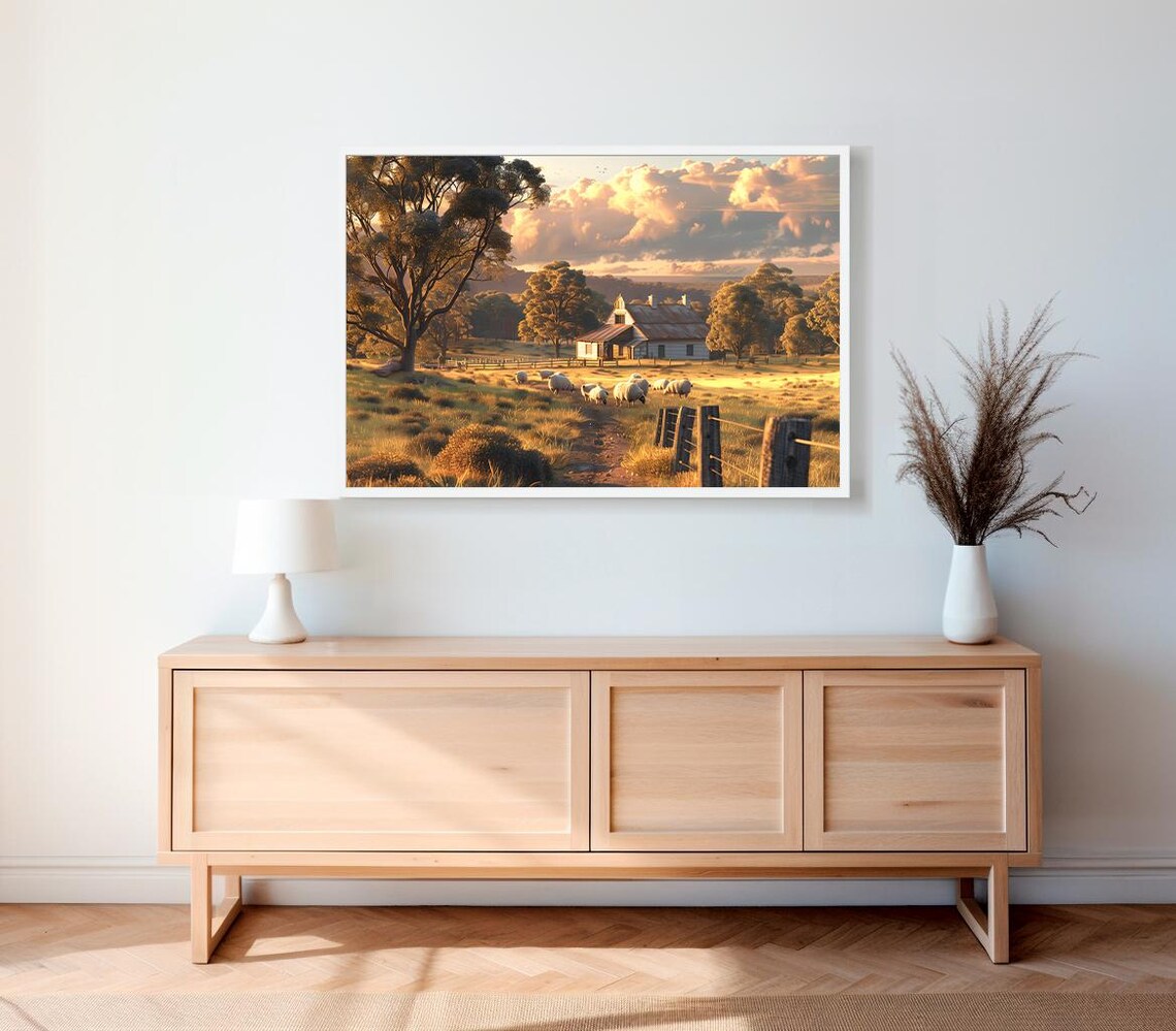 Outback Farmhouse Sheep Grazing At Sunset Golden Fields Rural Poster - Image 2