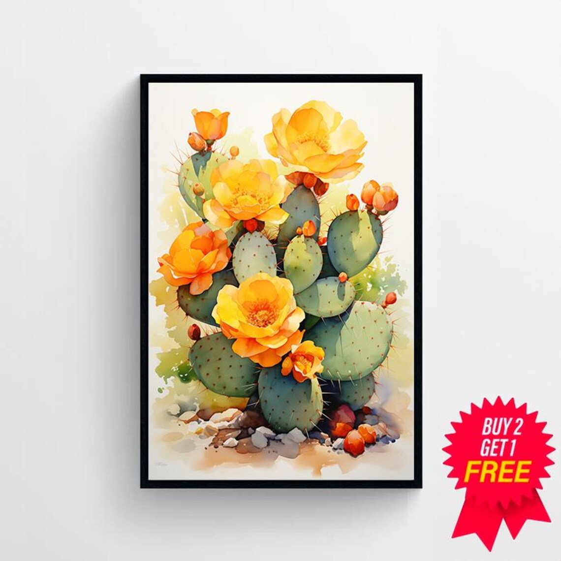 Golden Yellow Prickly Pear Cactus Blooms in Watercolor Poster - Image 4