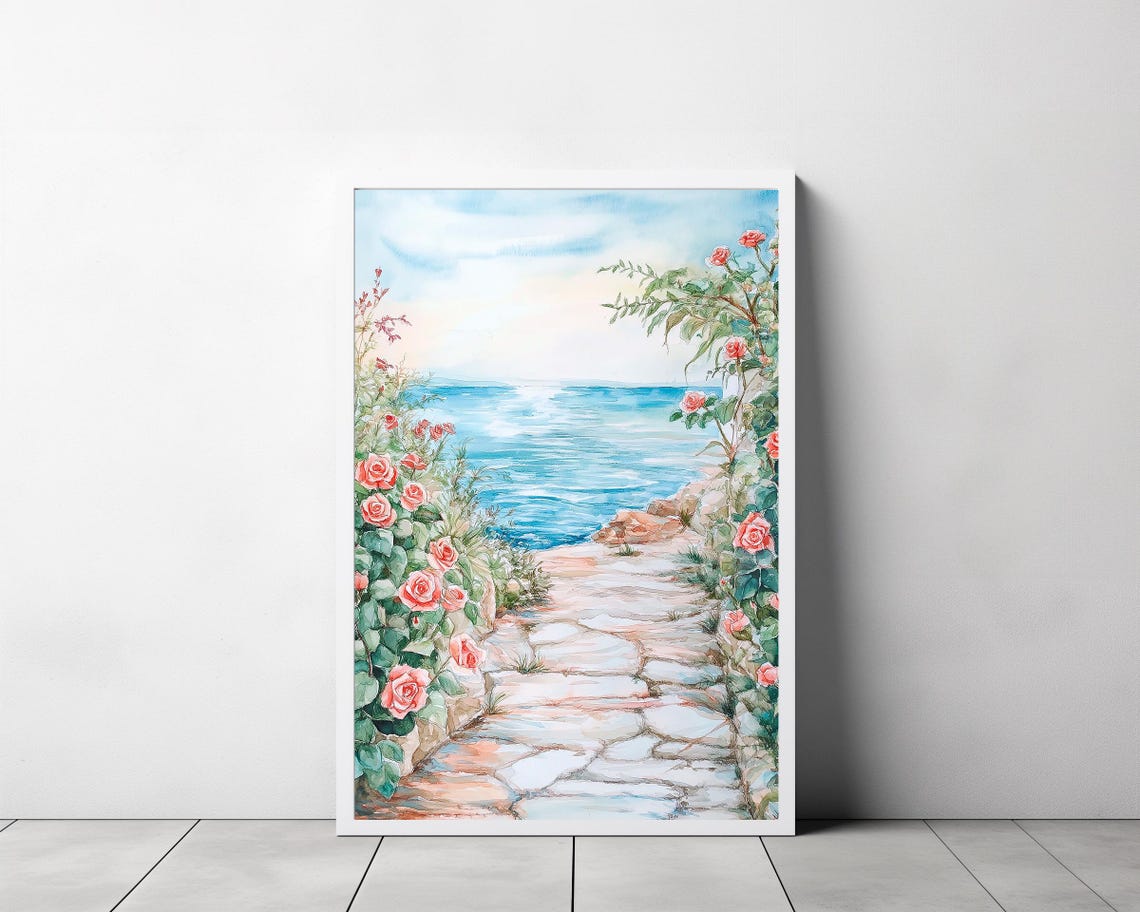 Stone Garden Path With Roses Leading to the Sea Watercolor Poster - Image 3