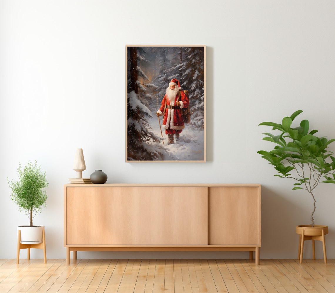 Santa Claus Hiking with a Backpack Through Snowy Pines Poster - Image 2