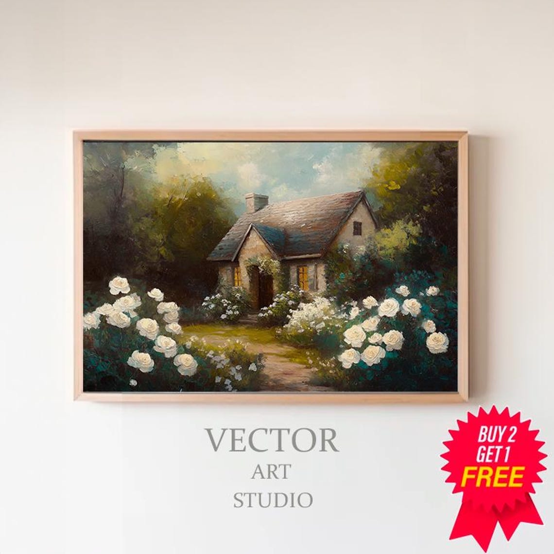Stone Cottage White Roses Evening Glow Vintage Painting Poster