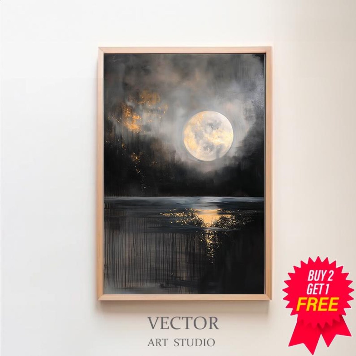 Golden Moon Over Dark Water Moody Gold Abstract Night Poster