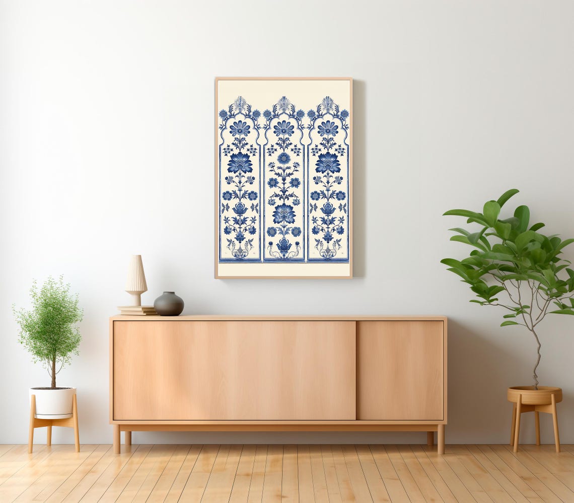 Blue And White Indian Floral Textile Block Pattern Art Poster - Image 2