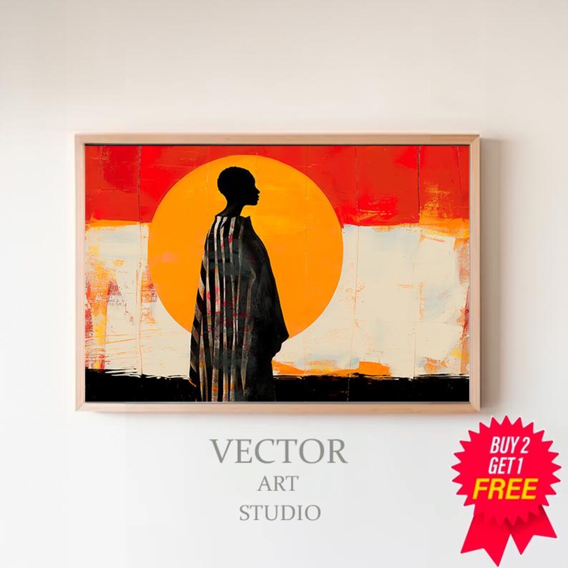 Woman Silhouette Sunset Orange Sun Contemporary Abstract Poster
