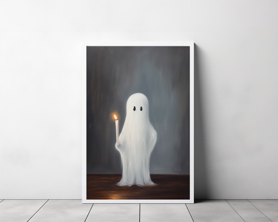 Cute Ghost Holding Candle on Dark Gray Whimsical Halloween Art Poster - Image 3