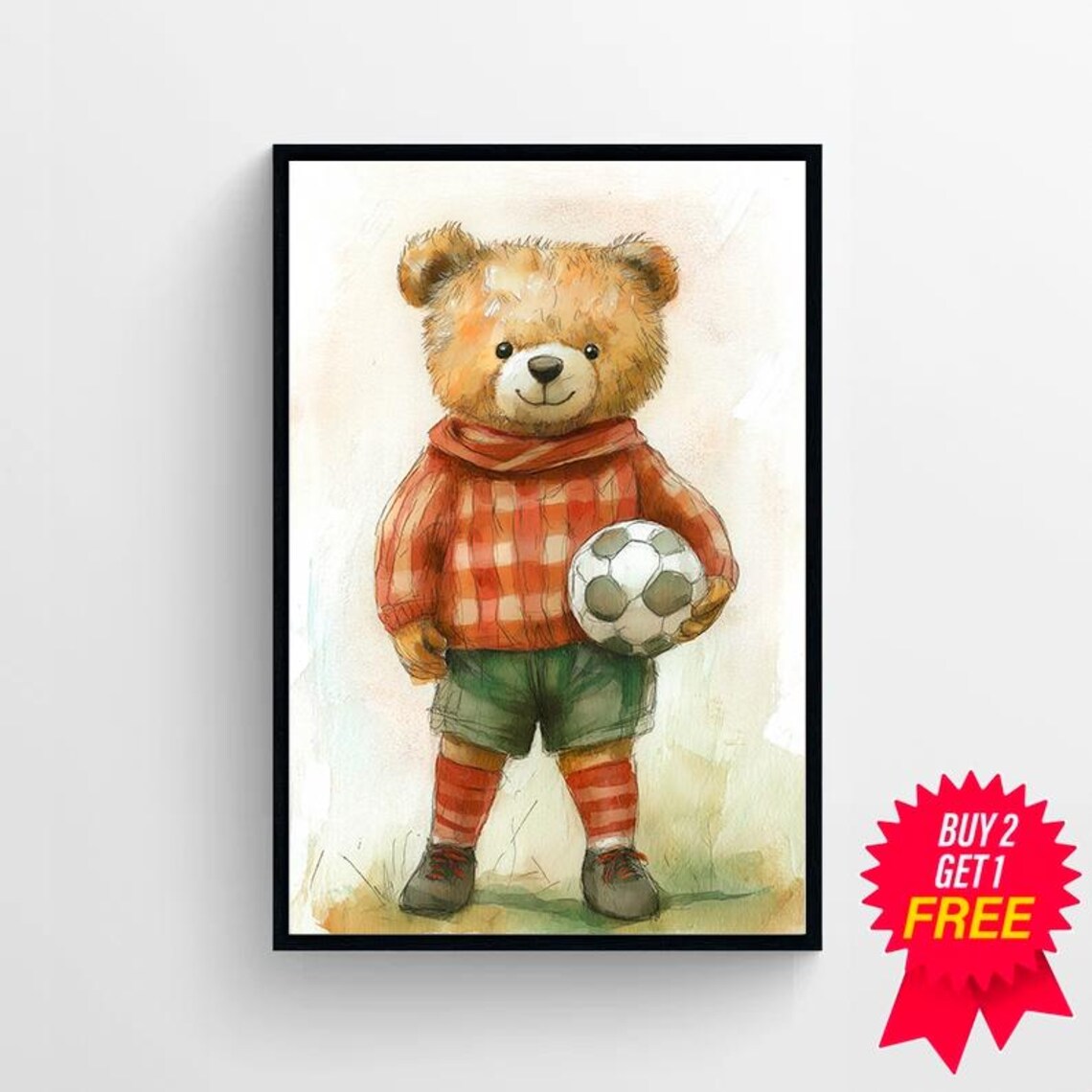 Teddy Bear in Red Plaid Sweater Holding a Soccer Ball Poster - Image 4