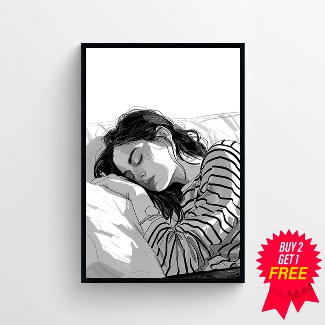 Black and White Sketch of a Sleeping Woman in Stripes Poster - Image 4