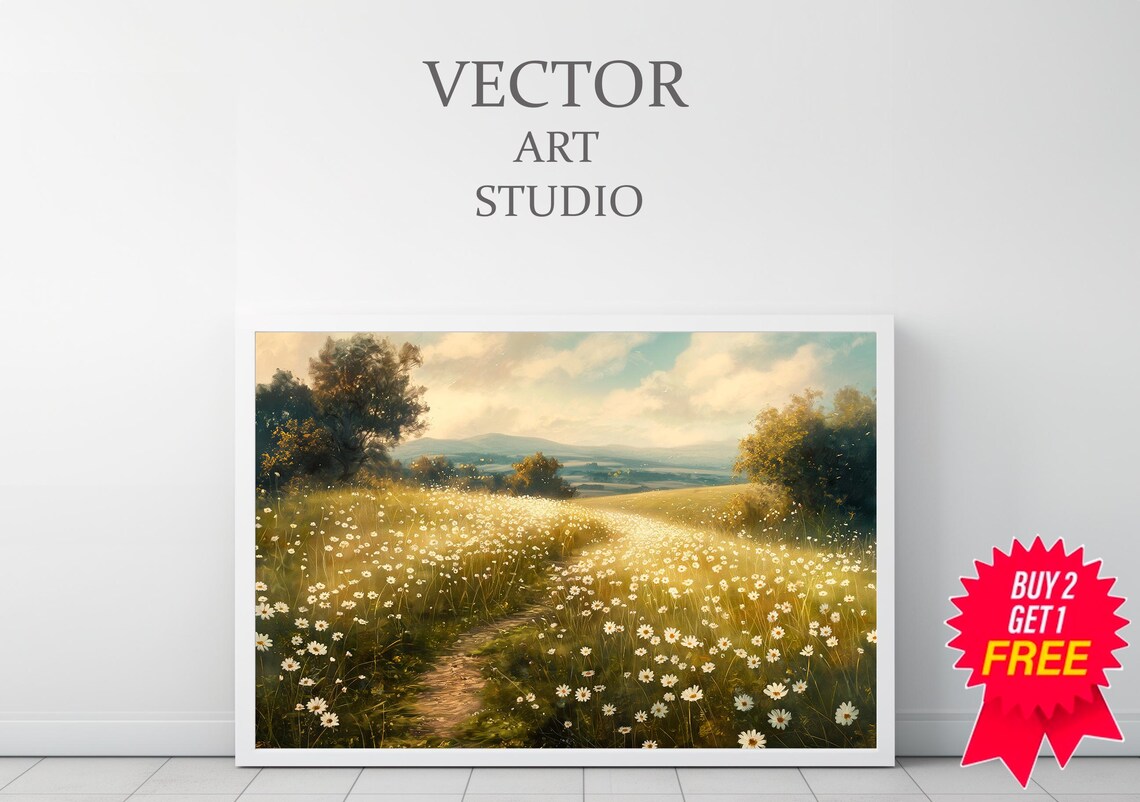 Golden Daisy Meadow With Winding Path At Sunset Vintage Poster - Image 3
