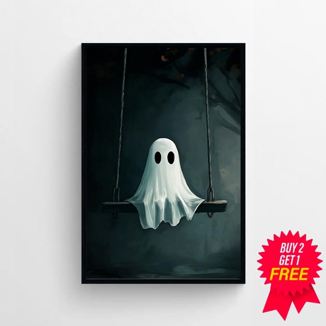 Cute Sheet Ghost Sitting Alone on a Swing in the Dark Poster - Image 4