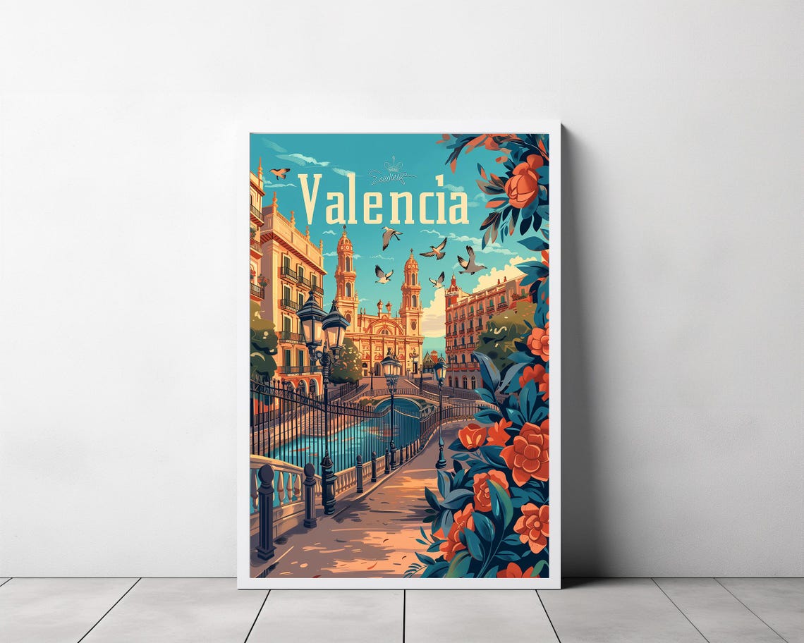 Valencia Spain Retro Travel Poster With Cathedral Turquoise Sky - Image 3