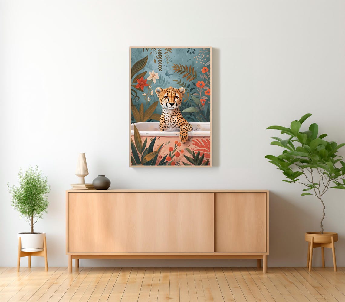 Cheetah Cub Bathing in Bathtub Against Blue Botanical Flower Poster - Image 2