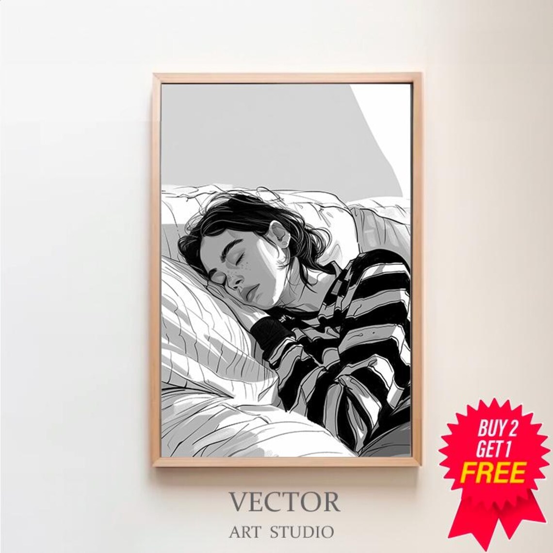 Black and White Sketch of a Woman Sleeping in Stripes Poster