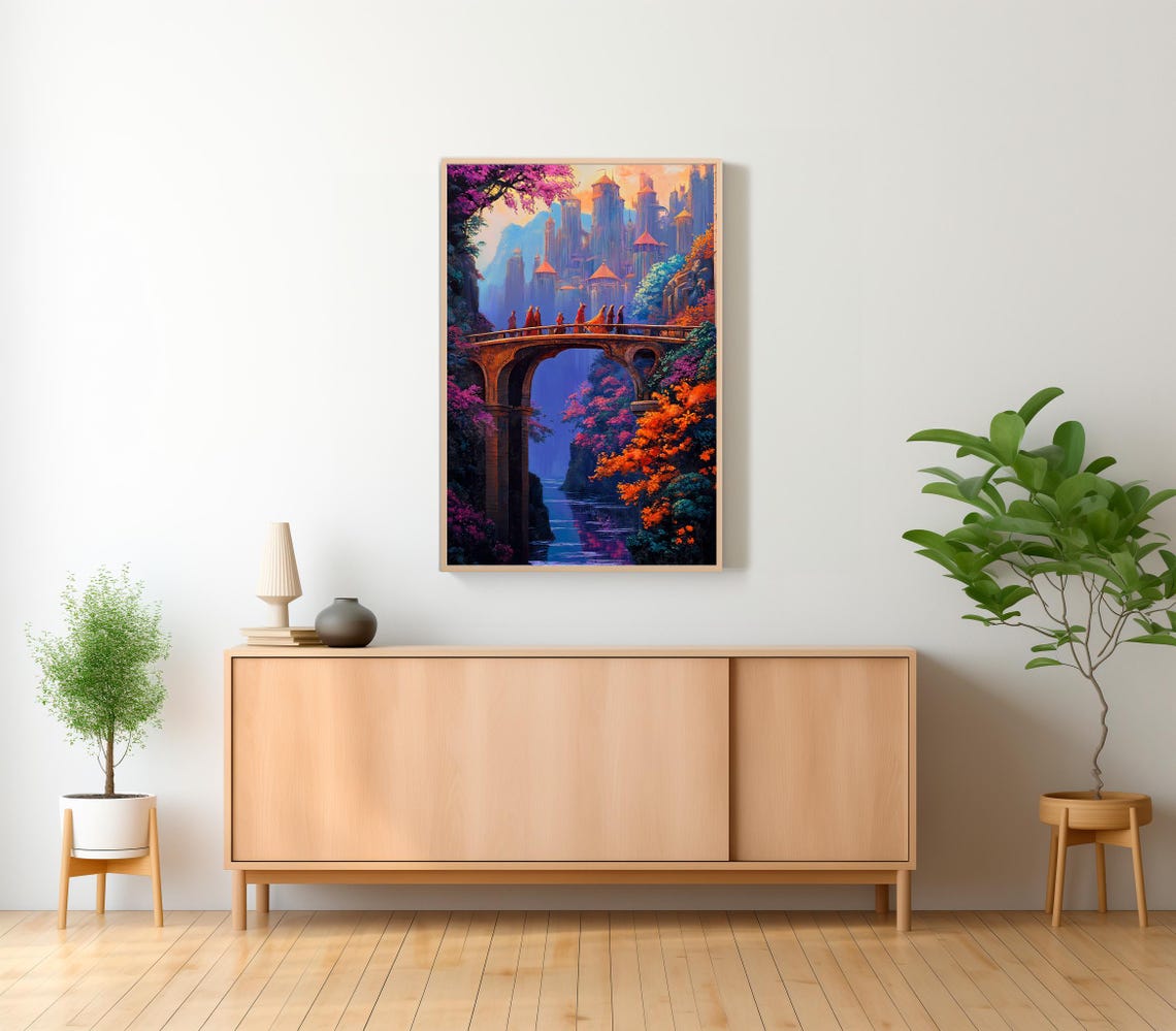 Fantasy Castle Stone Bridge Fellowship Waterfall Scene Art Poster - Image 2
