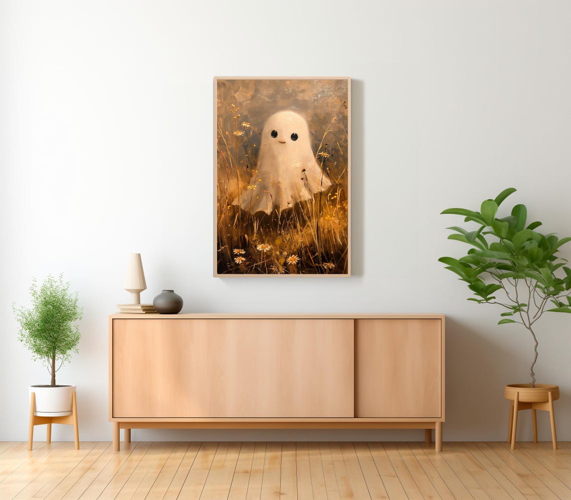 Cute Smiling Ghost Standing in a Golden Wildflower Meadow Art Poster - Image 2