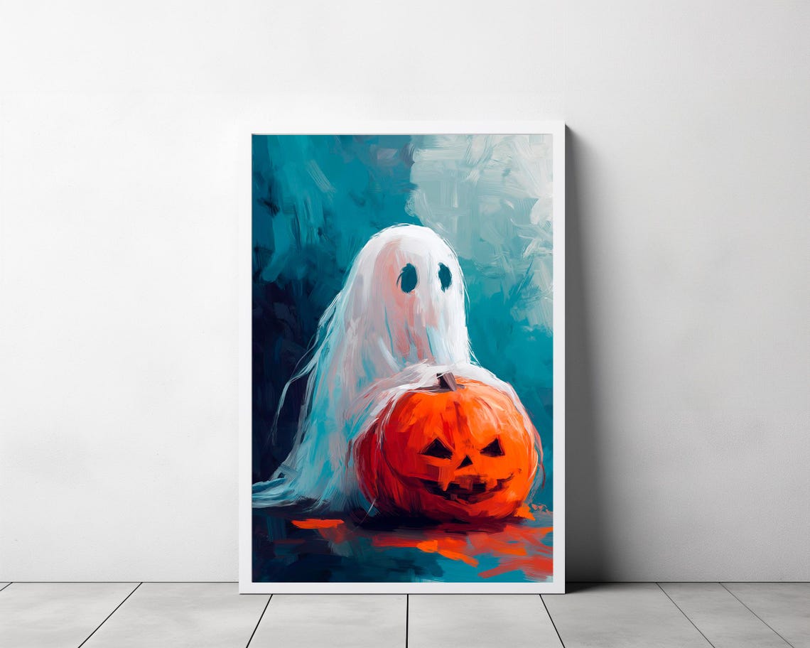 Cute Sheet Ghost Hugging a Jack-o-Lantern Halloween Teal Art Poster - Image 3
