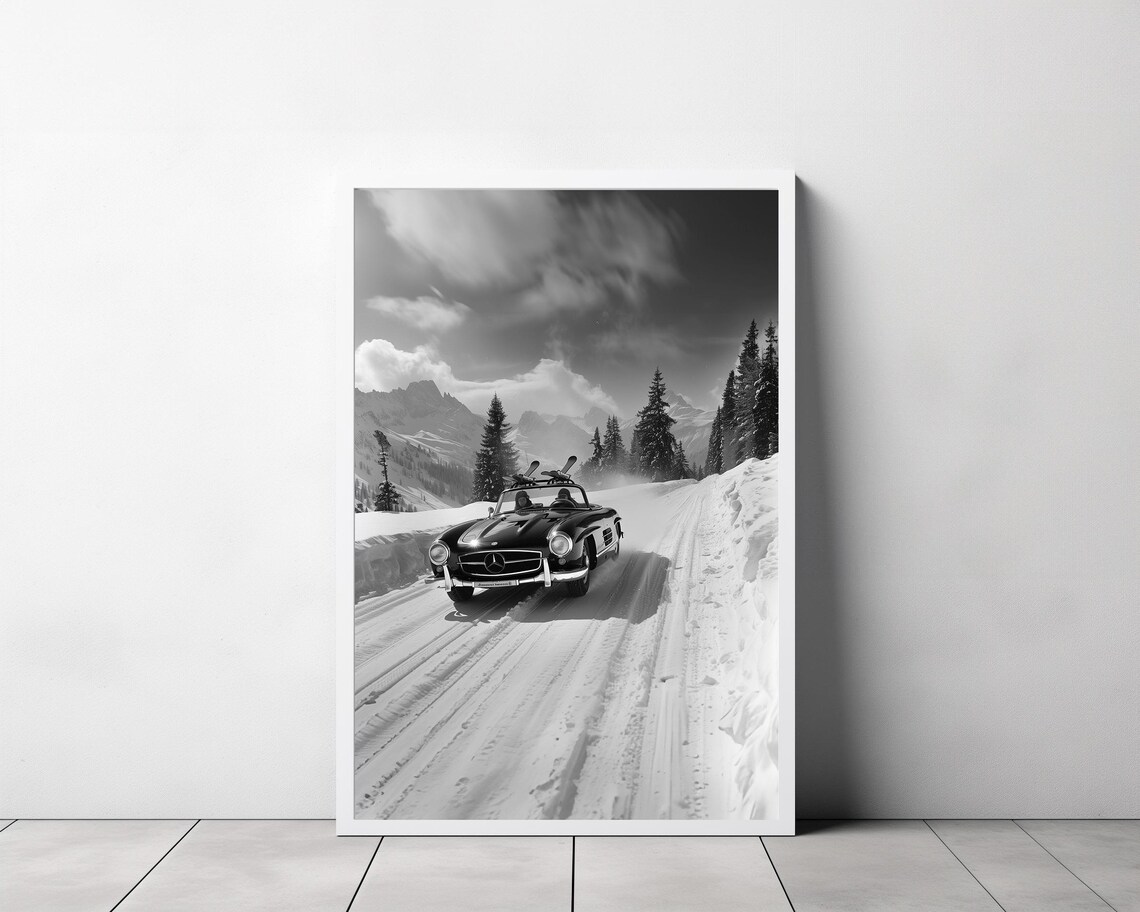 Vintage Mercedes Convertible Driving Snowy Mountain Road Poster - Image 3