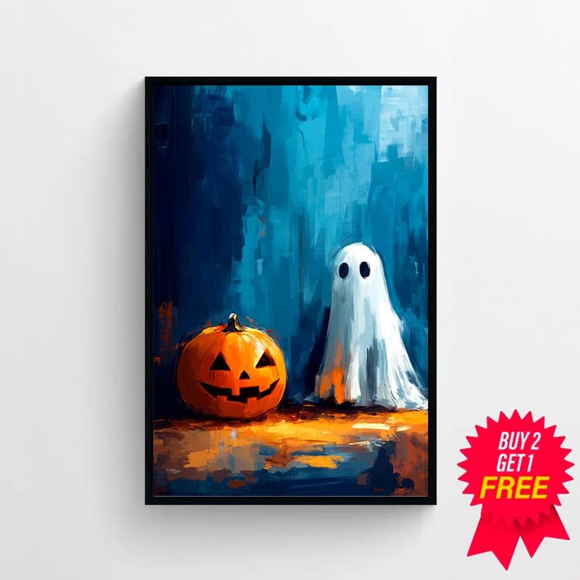 Jack-o-Lantern Pumpkin With Sheet Ghost Painterly Night Poster - Image 4