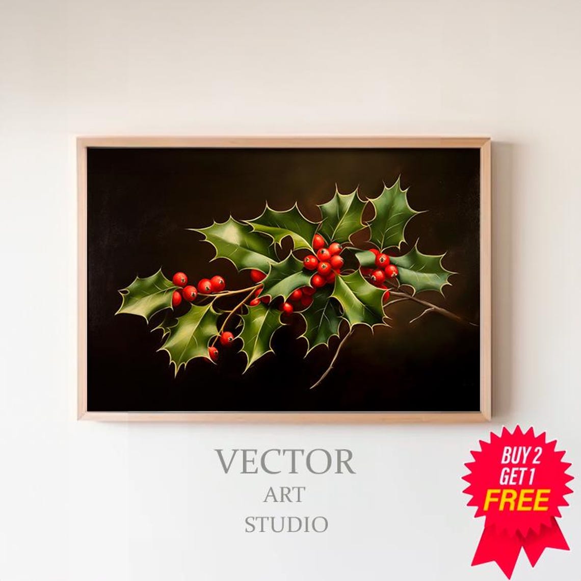 Glossy Holly Leaves And Red Berries On Deep Dark Botanical Poster