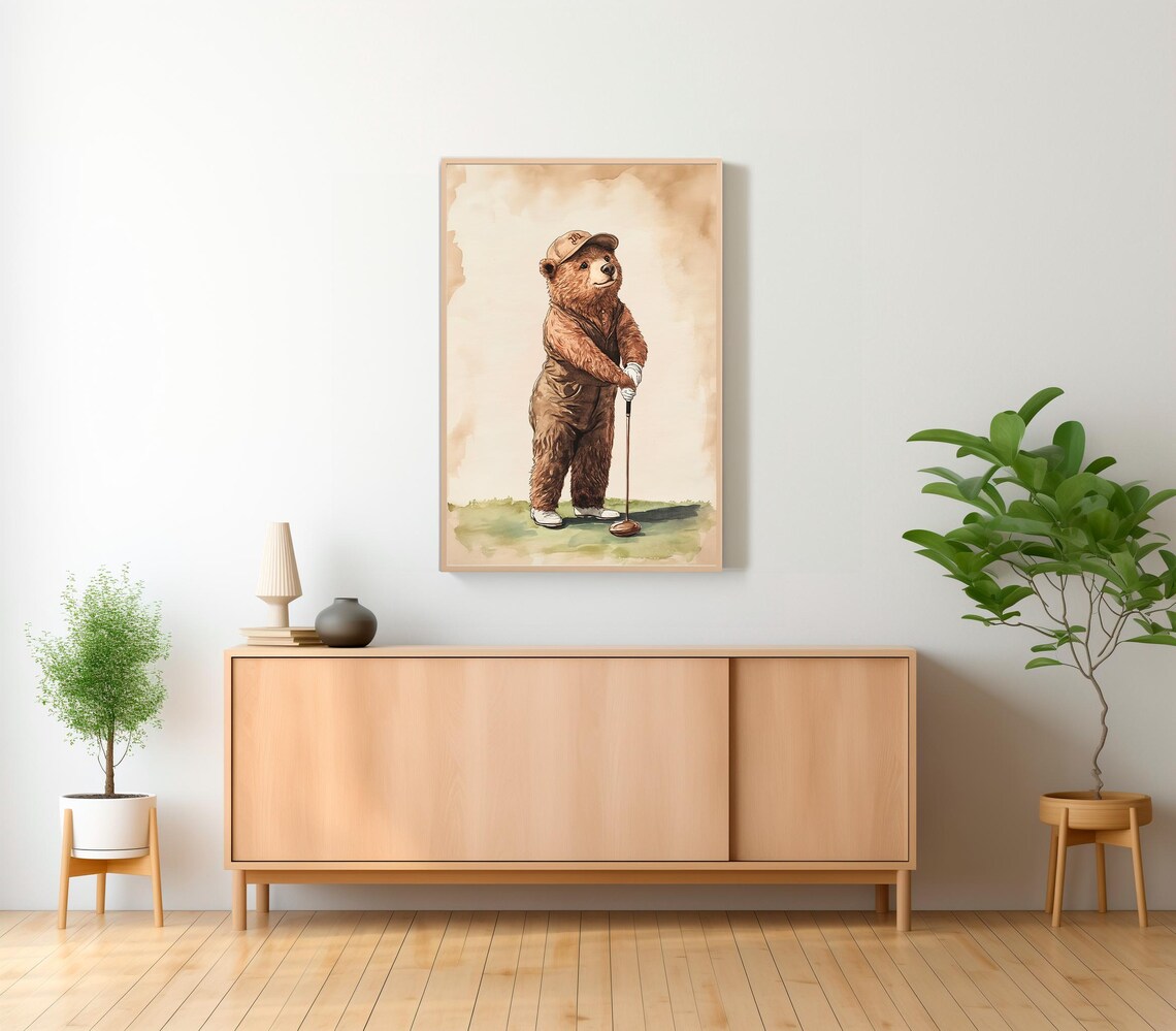 Cute Bear Golfer In Overalls Putting On The Green Nursery Wall Art - Image 2