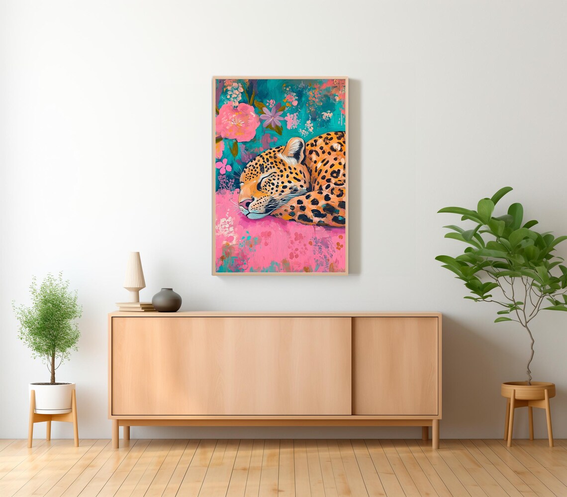 Sleeping Leopard Among Peonies Vivid Teal and Pink Floral Poster - Image 2