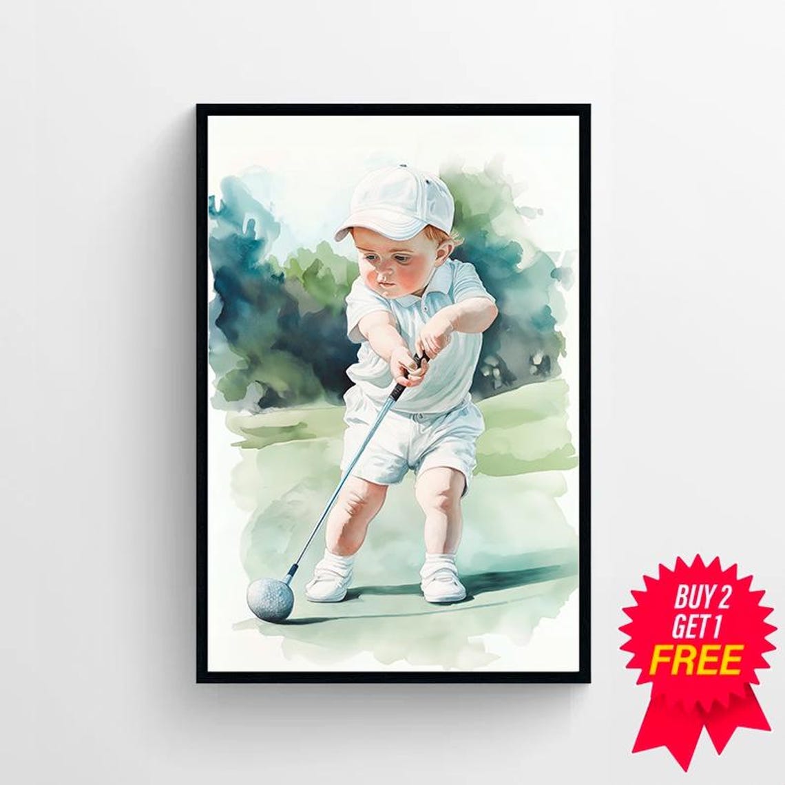 Toddler Golfer in White Lining Up a Putt on the Green Poster - Image 4