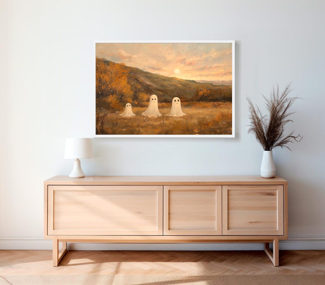 Cute Ghost Family in a Golden Autumn Field at Sunset Halloween Poster - Image 2