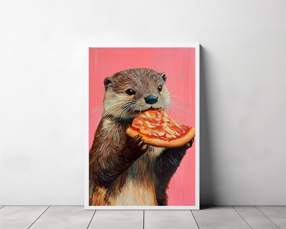 Otter Eating a Slice of Pizza on a Pink Background Funny Animal Poster - Image 3