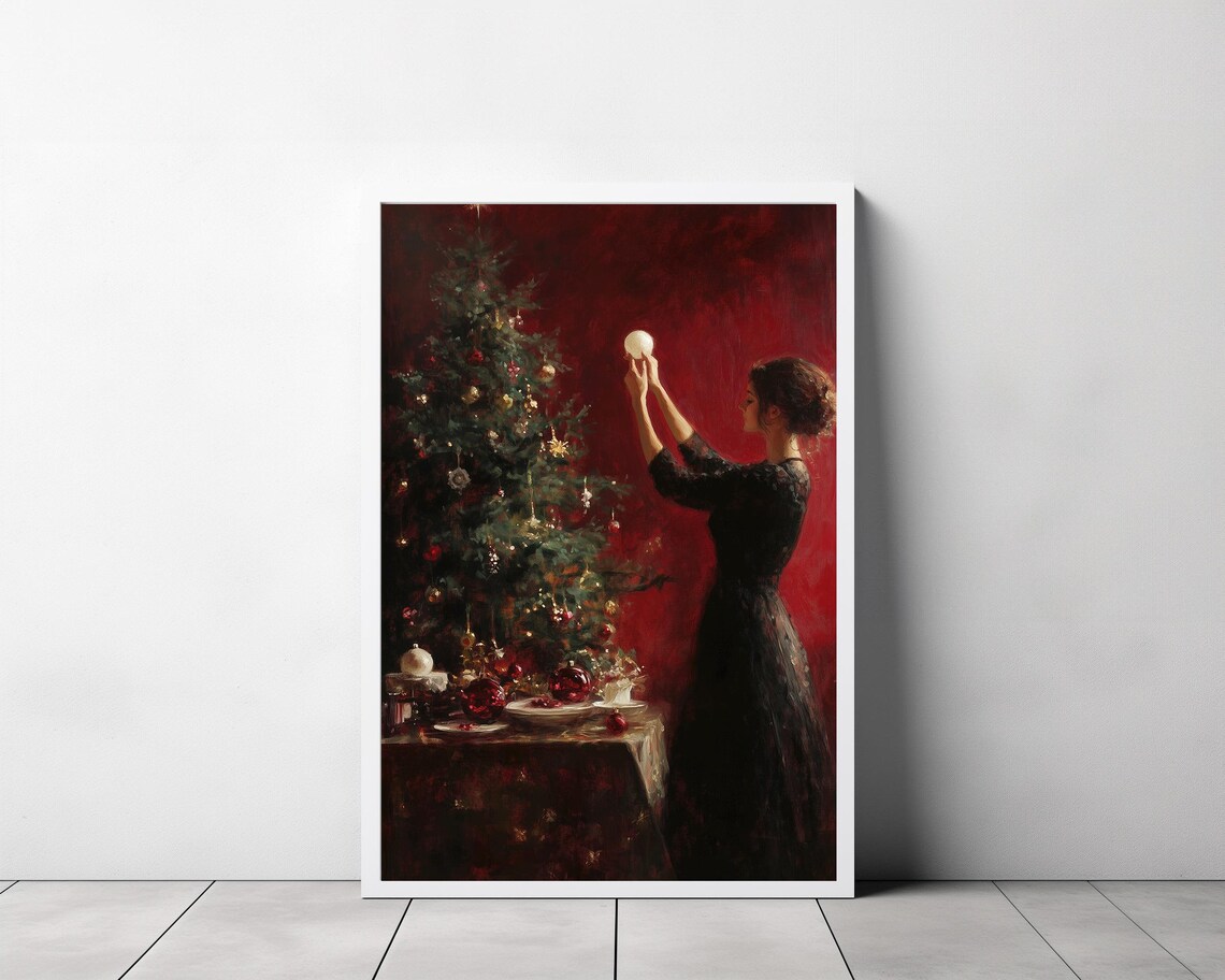 Victorian Woman Decorating Christmas Tree On Crimson Wall Poster - Image 3