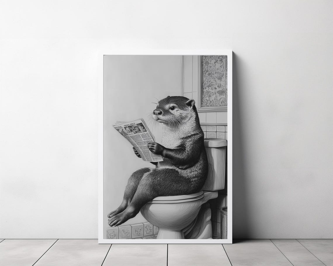 Funny Black and White Otter Reading Newspaper on a Toilet Poster - Image 3