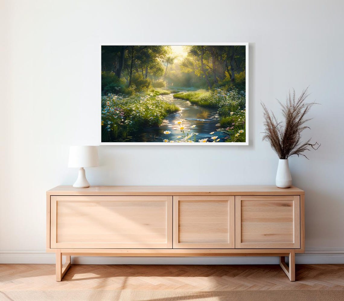 Spring Stream Through A Daisy Meadow Forest Landscape Art Poster - Image 2