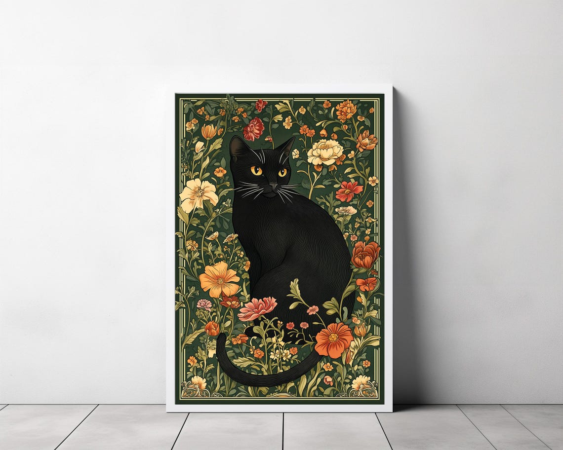 Elegant Black Cat Portrait among William Morris Flowers Poster - Image 3