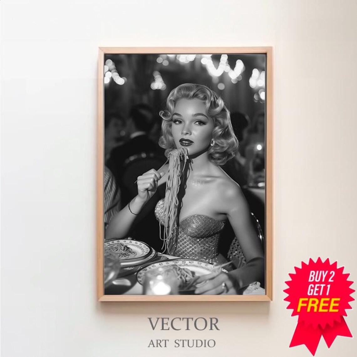 Glamorous 1950s Woman Eating Spaghetti at a Restaurant Photo Poster