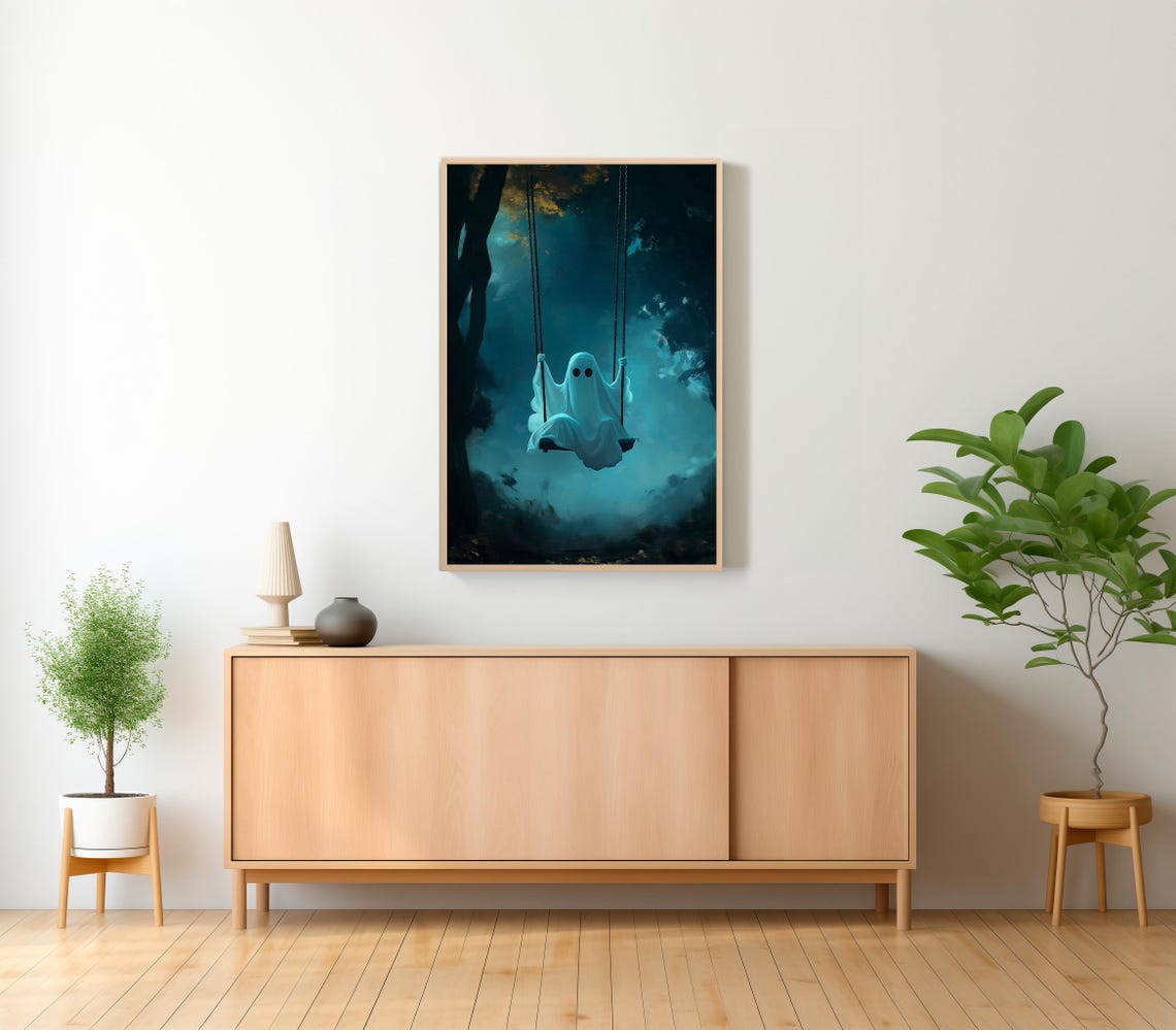 Cute Sheet Ghost Swinging in a Misty Blue Forest Night Poster - Image 2