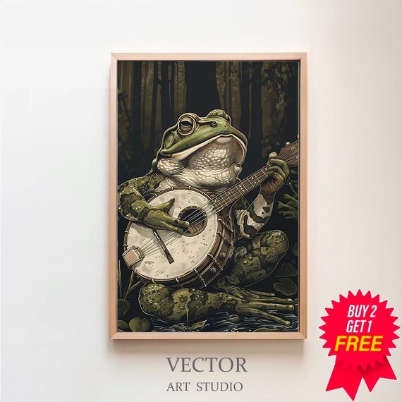 Frog Playing Banjo in a Dark Forest Vintage Style Musical Art Poster