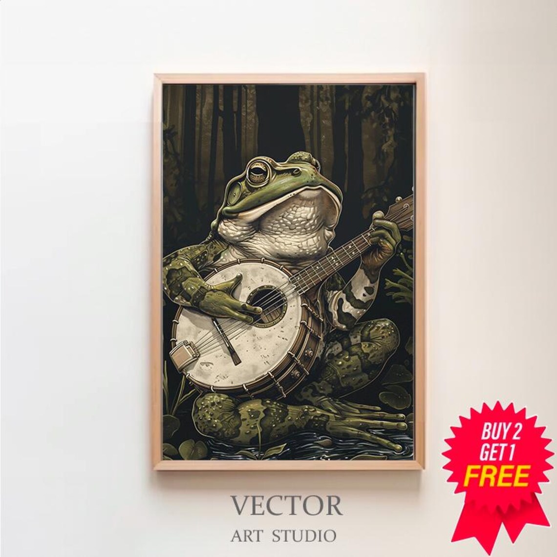 Frog Playing Banjo in a Dark Forest Vintage Style Musical Art Poster