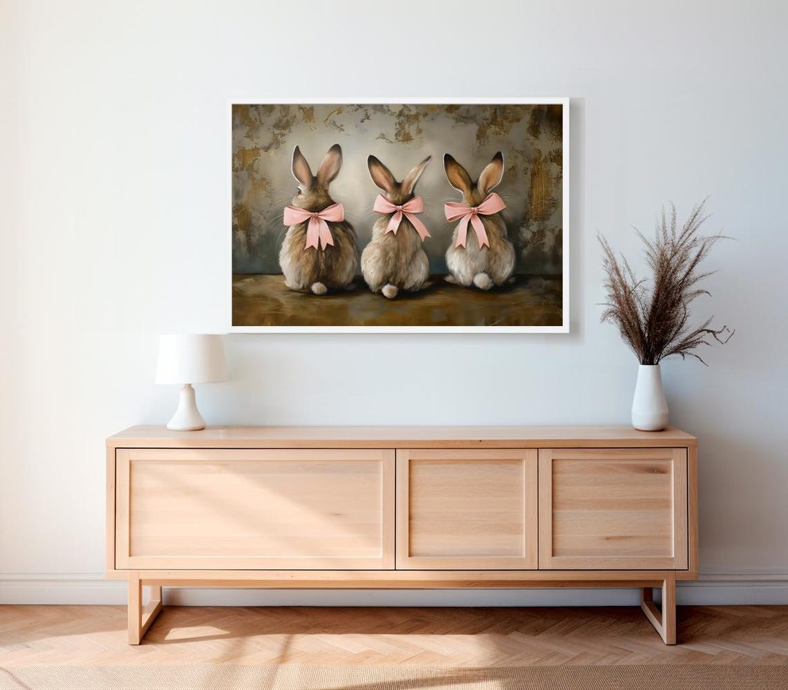 Three Cute Bunnies With Pink Bows Vintage Easter Bunny Art Poster - Image 2