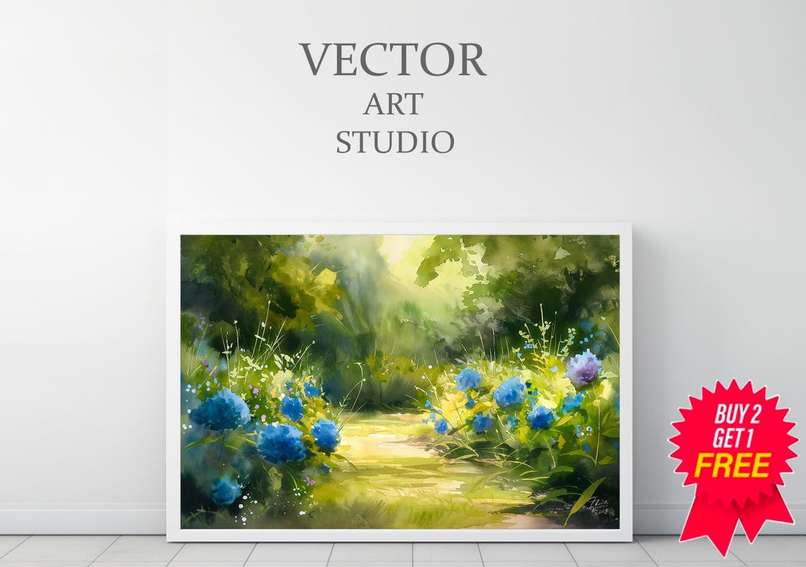 Sunlit Garden Path Watercolor Painting with Blue Wildflowers Poster - Image 3
